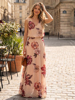 Chiffon A-Line V Neck Floral Print Formal Dresses