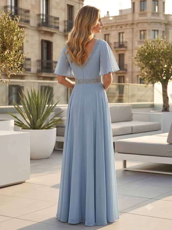Chiffon A-Line V Neck Beaded Formal Dresses
