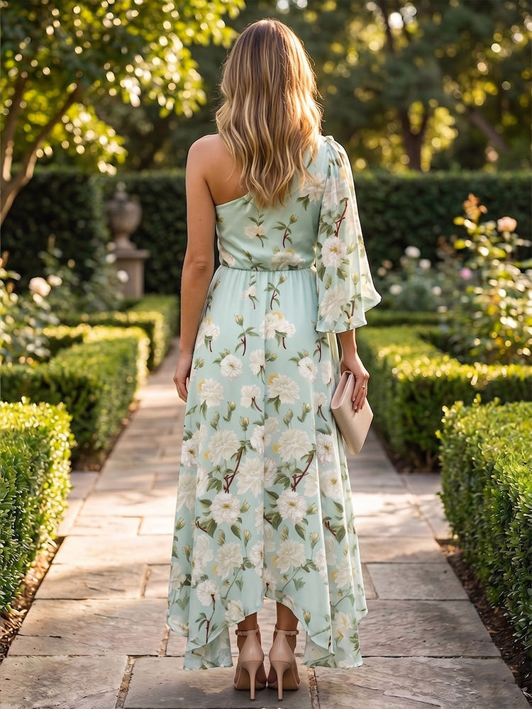 Chiffon High Low One Shoulder Pleated Formal Dresses