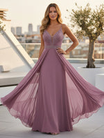 Chiffon Sheath Spaghetti Straps Sequin Formal Dresses