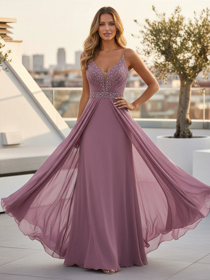 Chiffon Sheath Spaghetti Straps Sequin Formal Dresses