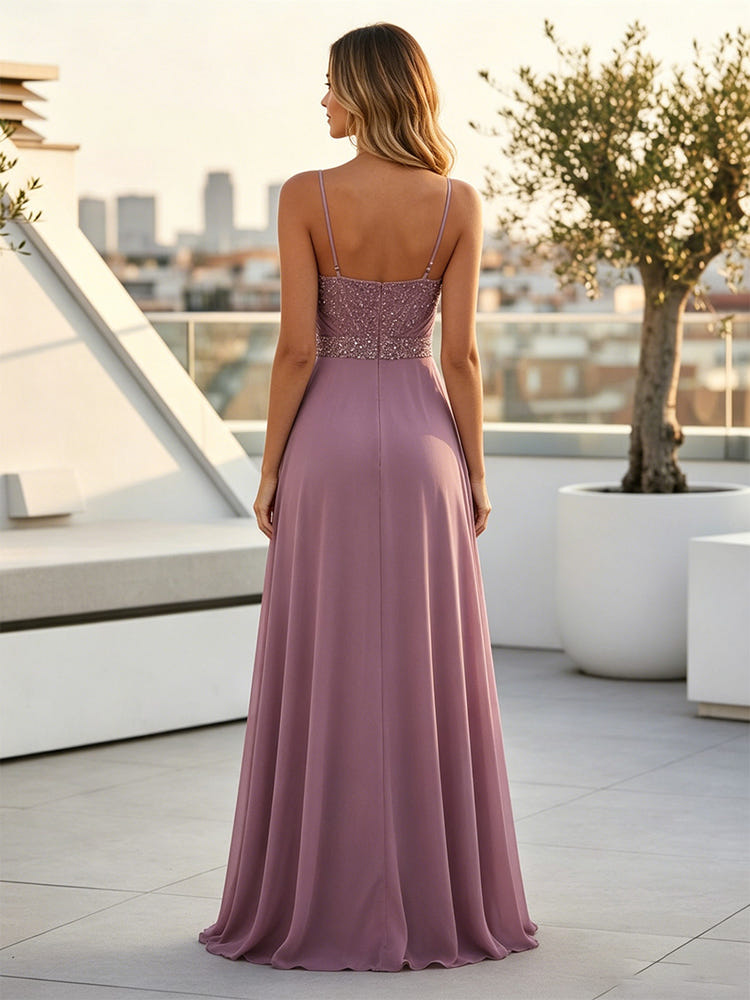 Chiffon Sheath Spaghetti Straps Sequin Formal Dresses