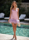 Satin Bodycon Spaghetti Straps Formal Dresses with Feathers