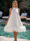 Satin A-Line Halter Formal Dresses with Feathers