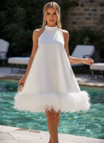Satin A-Line Halter Formal Dresses with Feathers