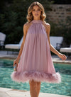 Chiffon A-Line Halter Formal Dresses with Feathers