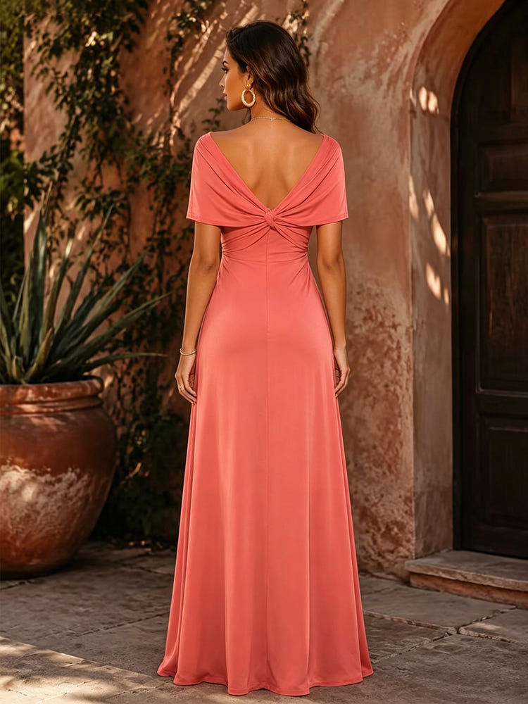 Satin A-Line V Neck Formal Dresses with Pleated