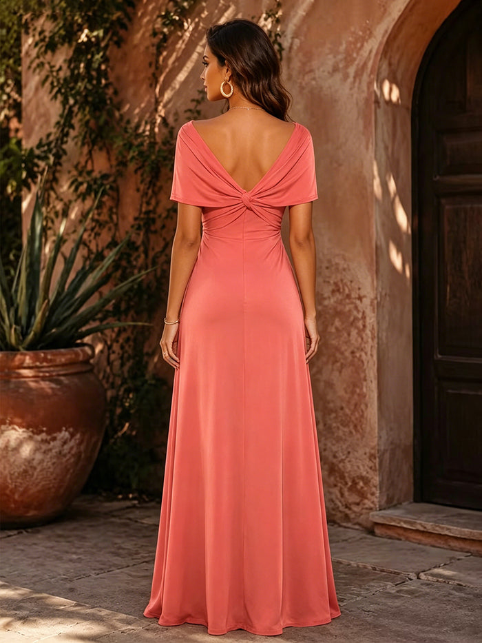 Satin A-Line V Neck Formal Dresses with Pleated