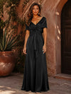 Satin A-Line V Neck Formal Dresses with Pleated