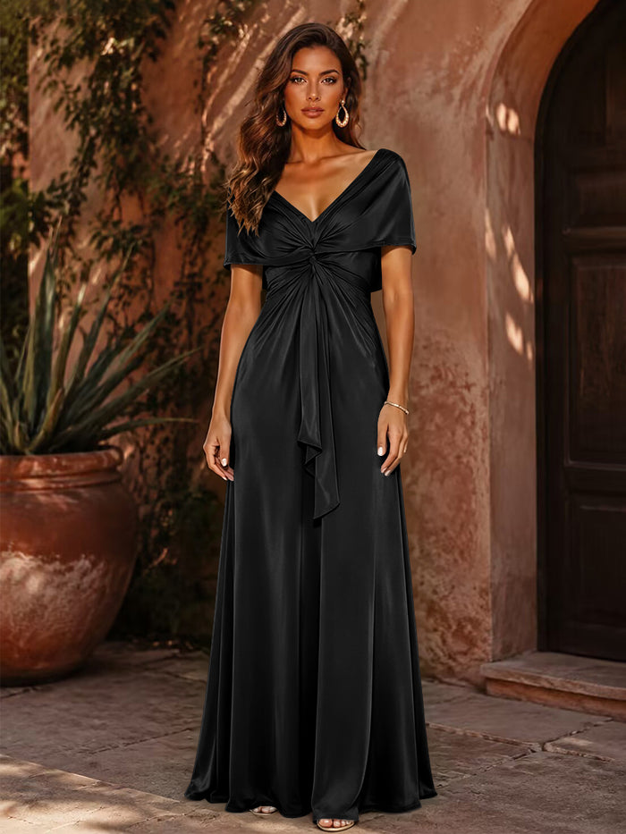 Satin A-Line V Neck Formal Dresses with Pleated