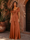 Satin A-Line V Neck Formal Dresses with Pleated