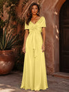 Satin A-Line V Neck Formal Dresses with Pleated