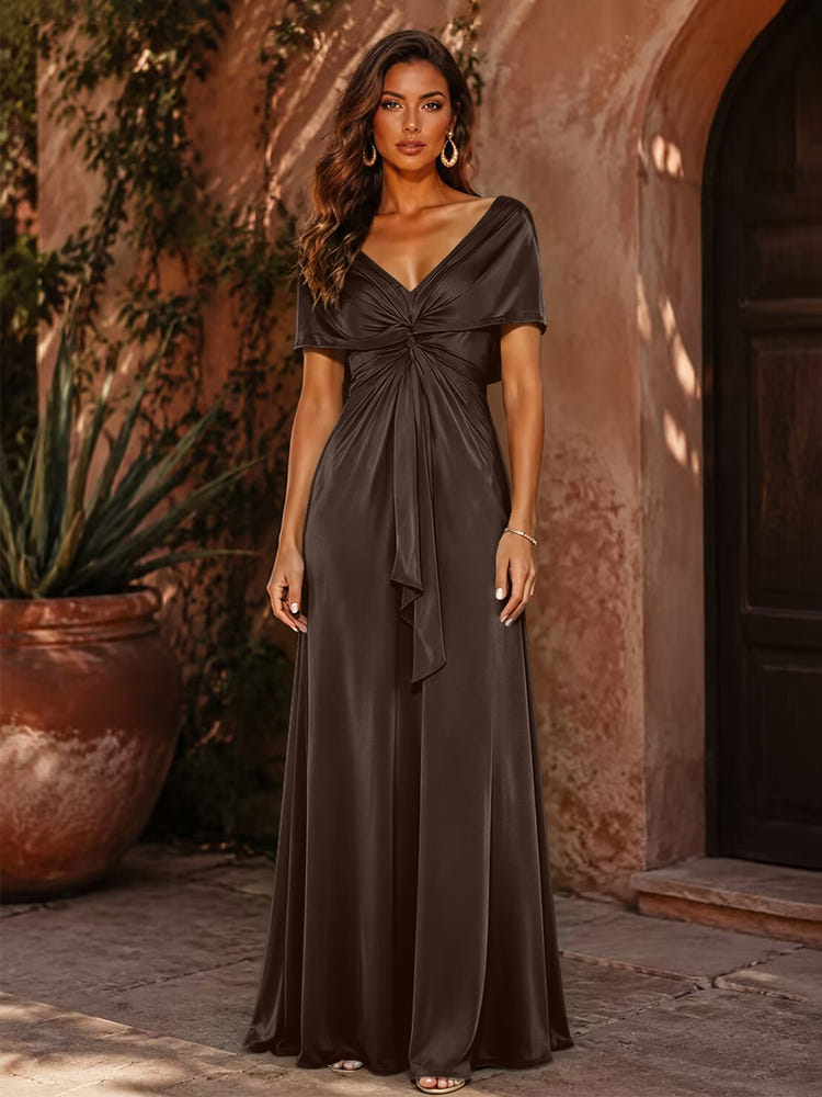 Satin A-Line V Neck Formal Dresses with Pleated