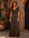 Satin A-Line V Neck Formal Dresses with Pleated