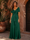 Satin A-Line V Neck Formal Dresses with Pleated