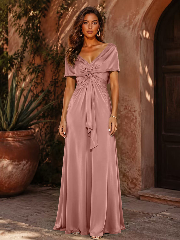 Satin A-Line V Neck Formal Dresses with Pleated