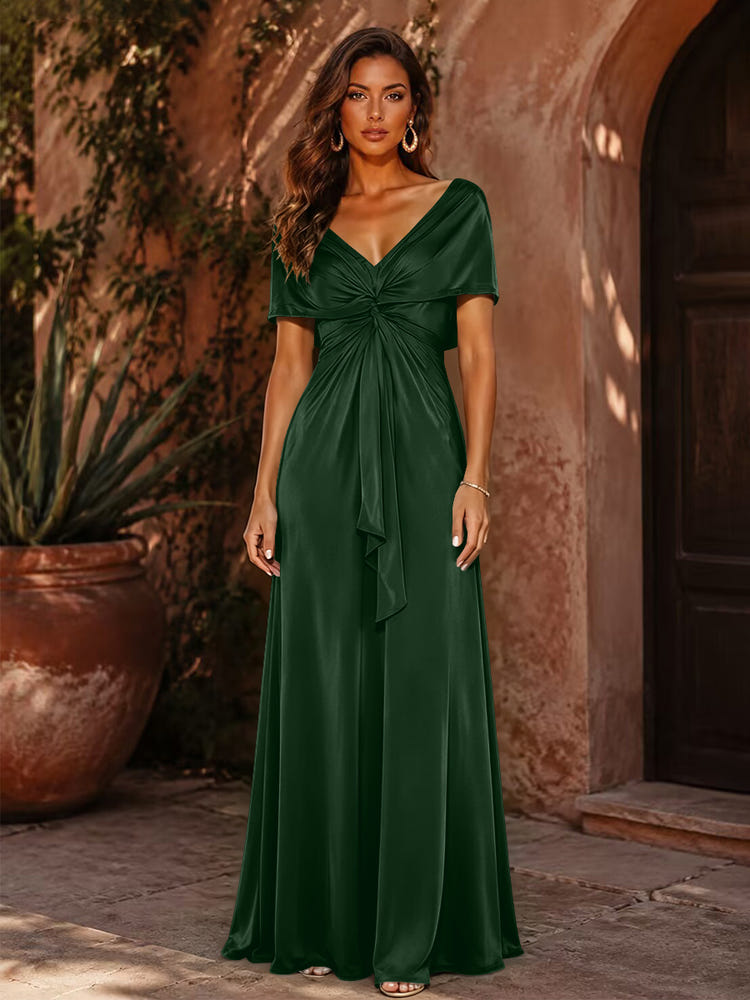 Satin A-Line V Neck Formal Dresses with Pleated