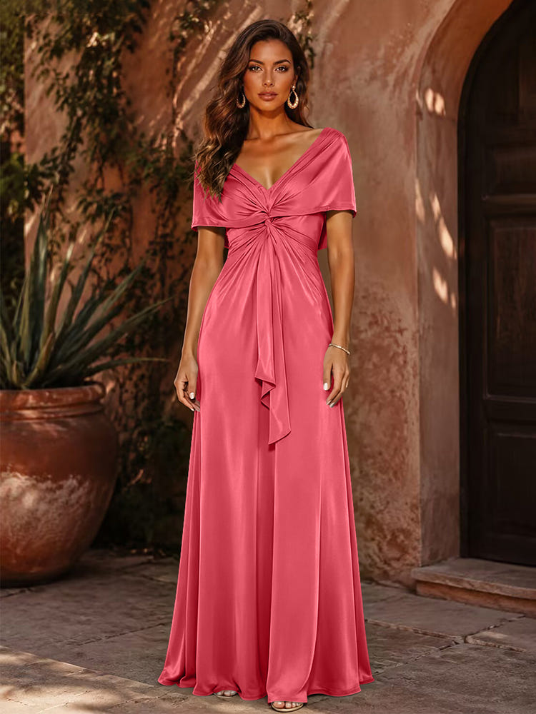 Satin A-Line V Neck Formal Dresses with Pleated