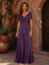 Satin A-Line V Neck Formal Dresses with Pleated