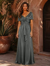 Satin A-Line V Neck Formal Dresses with Pleated