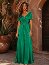 Satin A-Line V Neck Formal Dresses with Pleated
