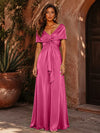 Satin A-Line V Neck Formal Dresses with Pleated