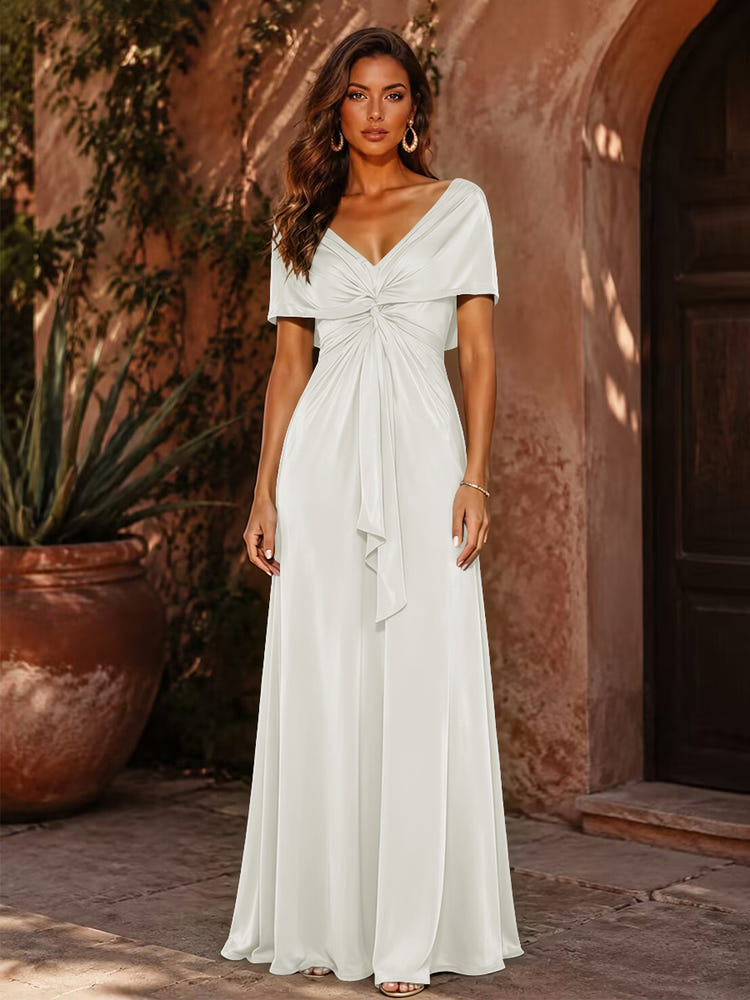 Satin A-Line V Neck Formal Dresses with Pleated