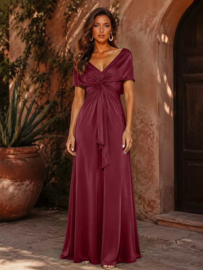 Satin A-Line V Neck Formal Dresses with Pleated