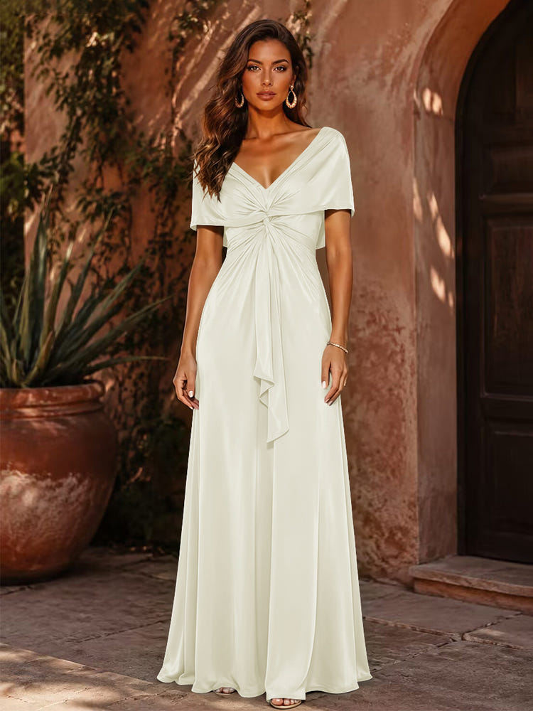 Satin A-Line V Neck Formal Dresses with Pleated