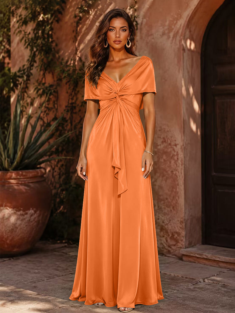 Satin A-Line V Neck Formal Dresses with Pleated