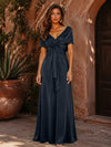 Satin A-Line V Neck Formal Dresses with Pleated