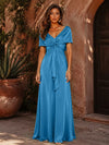 Satin A-Line V Neck Formal Dresses with Pleated