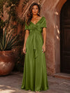 Satin A-Line V Neck Formal Dresses with Pleated