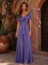 Satin A-Line V Neck Formal Dresses with Pleated