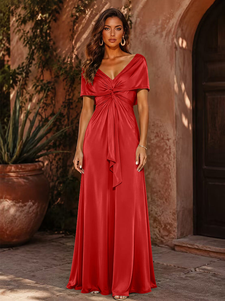 Satin A-Line V Neck Formal Dresses with Pleated