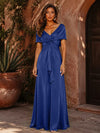 Satin A-Line V Neck Formal Dresses with Pleated