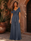 Satin A-Line V Neck Formal Dresses with Pleated