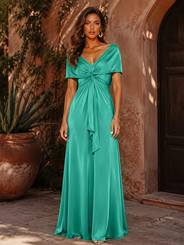 Satin A-Line V Neck Formal Dresses with Pleated