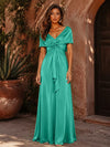Satin A-Line V Neck Formal Dresses with Pleated