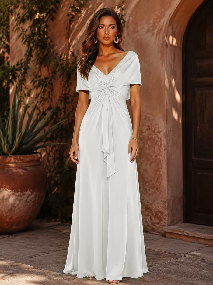 Satin A-Line V Neck Formal Dresses with Pleated