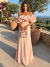Satin A-Line Off the Shoulder Formal Dresses with Ruffles