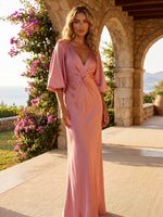 Satin Mermaid V Neck Formal Dresses with Pleated
