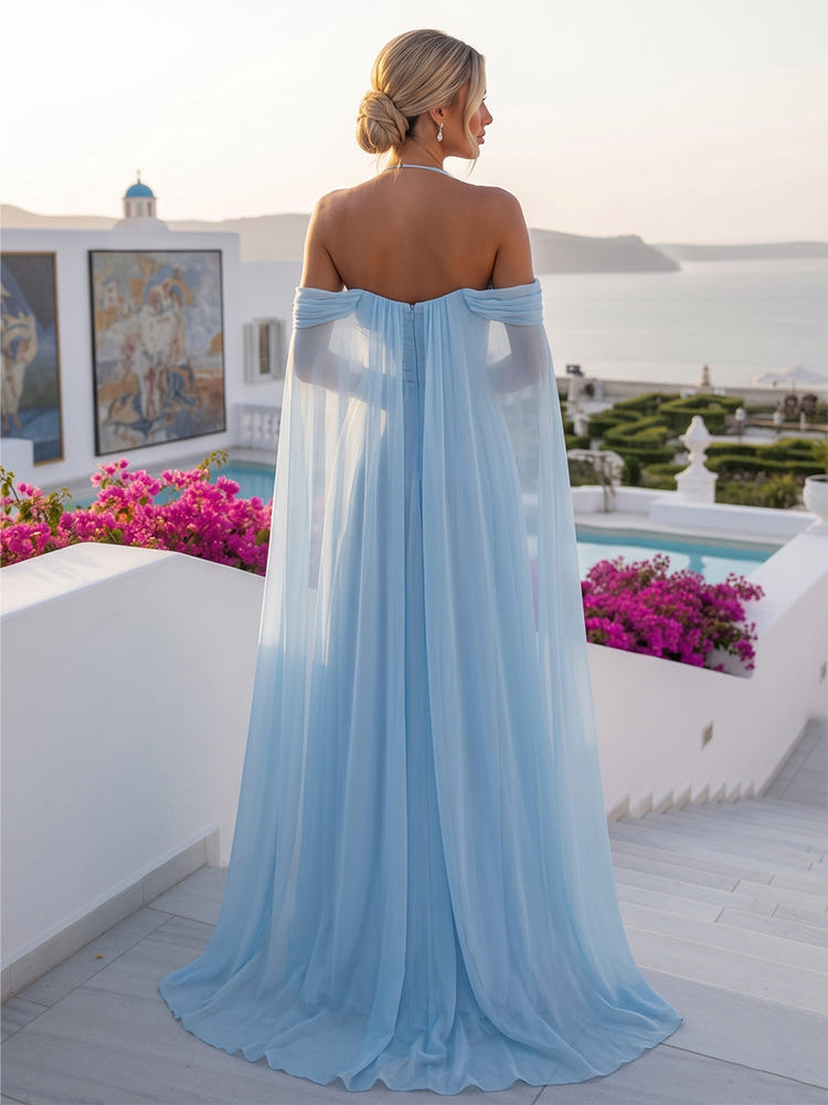 Chiffon A-Line Off the Shoulder Formal Dresses with Delicate Pleated