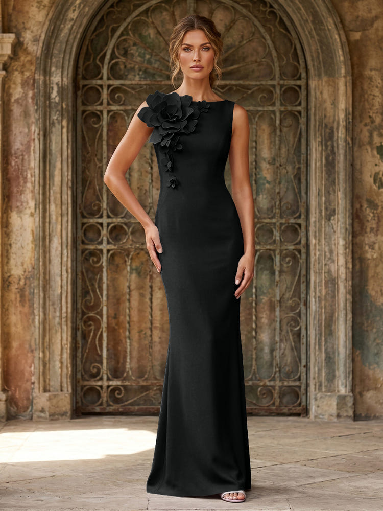 Jersey Mermaid Crew Neck Formal Dresses with 3D Flowers