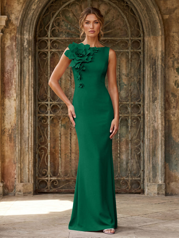 Jersey Mermaid Crew Neck Formal Dresses with 3D Flowers