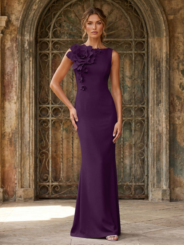 Jersey Mermaid Crew Neck Formal Dresses with 3D Flowers