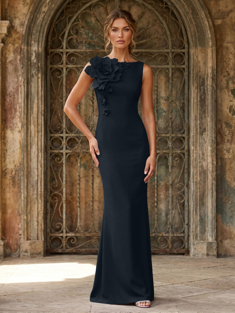 Jersey Mermaid Crew Neck Formal Dresses with 3D Flowers