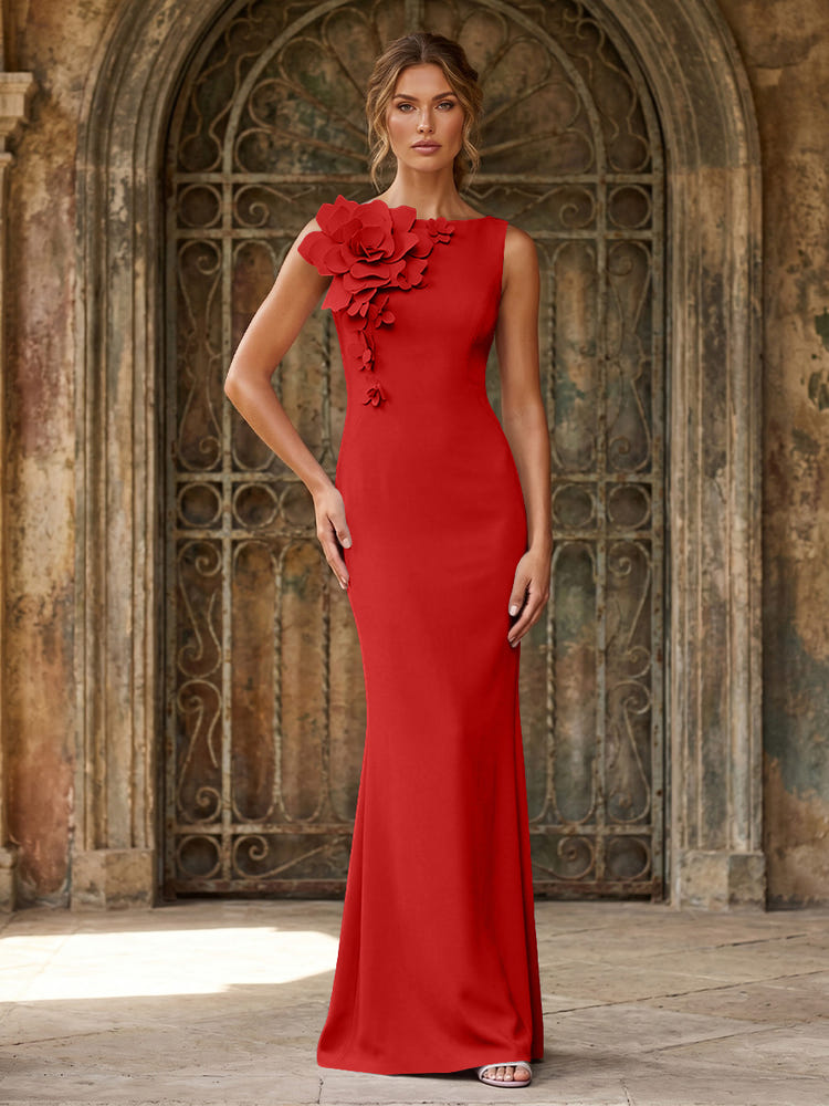Jersey Mermaid Crew Neck Formal Dresses with 3D Flowers