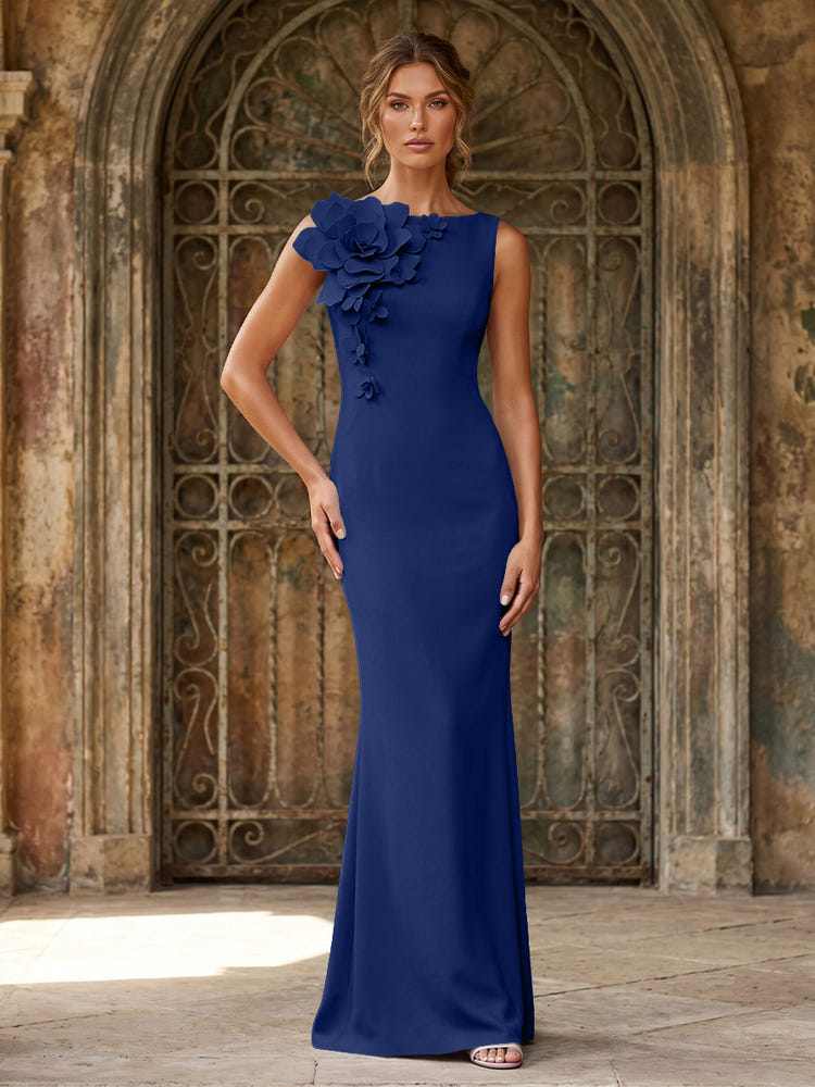 Jersey Mermaid Crew Neck Formal Dresses with 3D Flowers