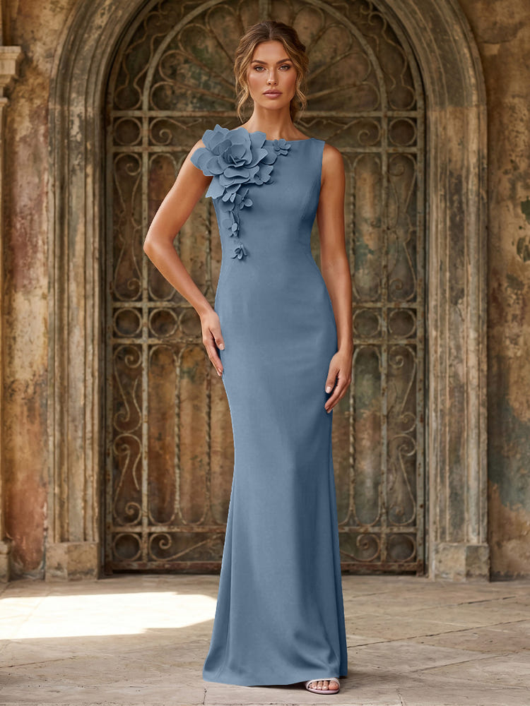 Jersey Mermaid Crew Neck Formal Dresses with 3D Flowers